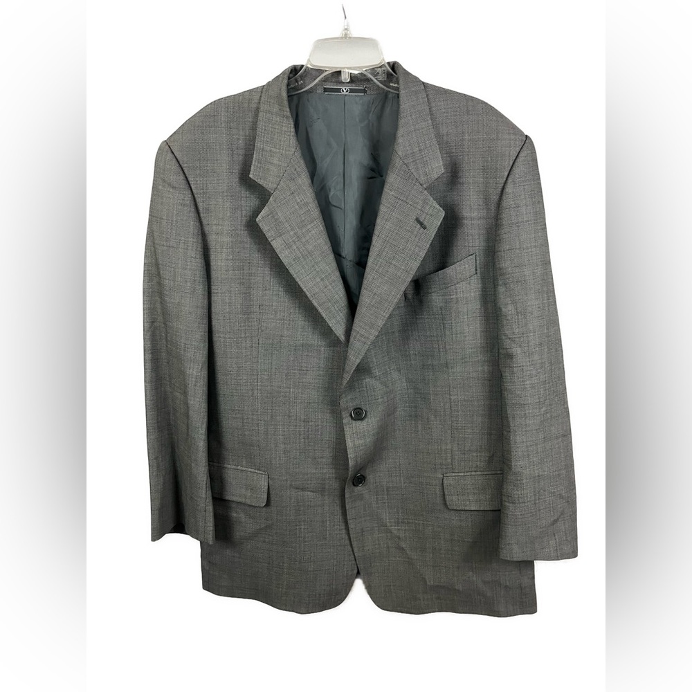 Valentino Men’s Herringbone Gray Virgin Wool Two Button Side Vent Blazer- 46L